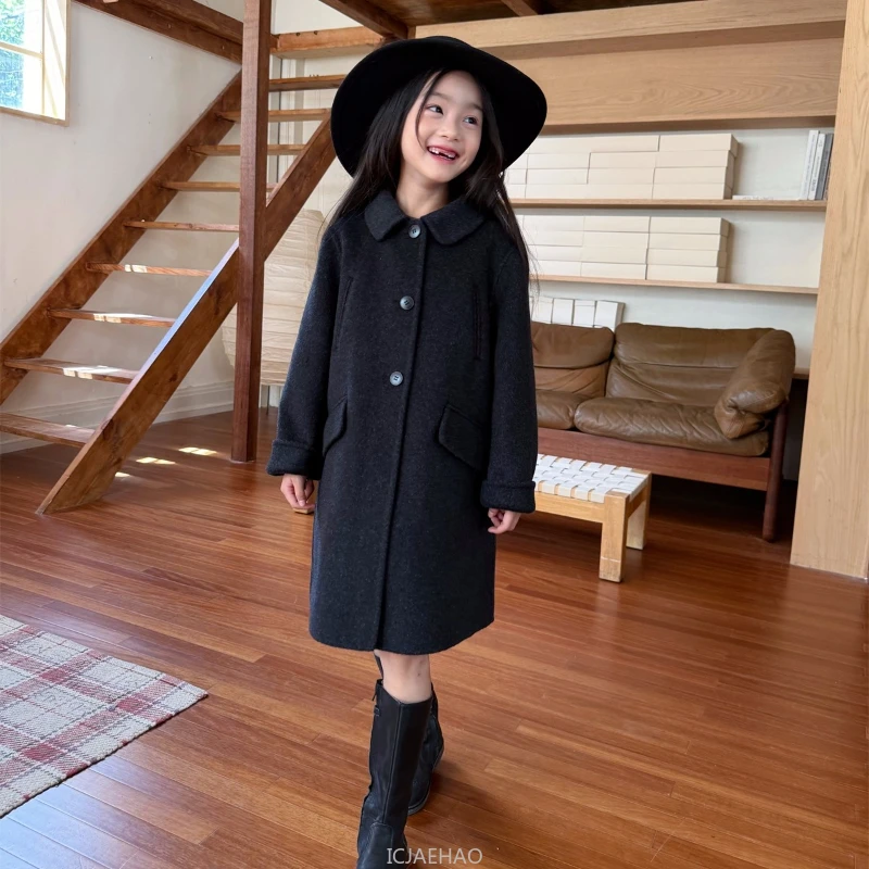 2025 Teen Girl Clothes Children Wool Double Faced Girls Elegant Outerwear Outfit Matching Winter Coat Costume Handmade Black