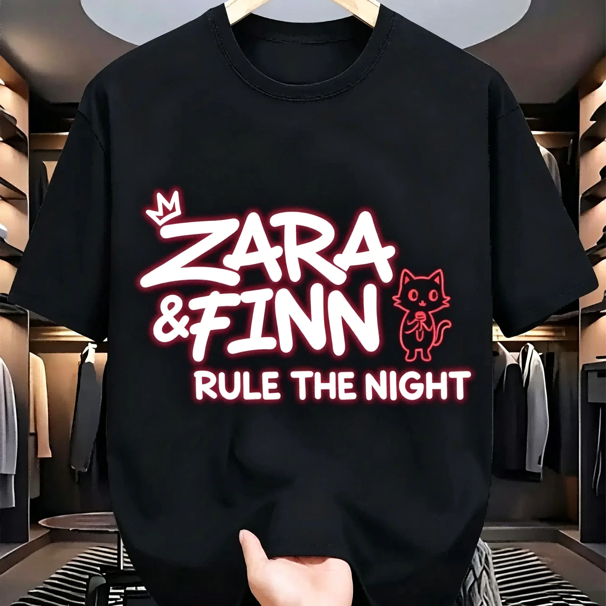 Camiseta masculina ZARA & FINN Rule The Night Cat 100% algodão preta estilo streetwear