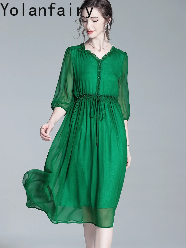 ชุดเดรสไหมมัลเบอร์รี่แท้ 100% ยี่ห้อ YOLANFAIRY สำหรับผู้หญิง ฤดูร้อน หรูหราเบาสบาย ชุดเดรสไหมแท้คุณภาพสูง สีเขียว ชุดเดรสสำหรับผู้หญิง