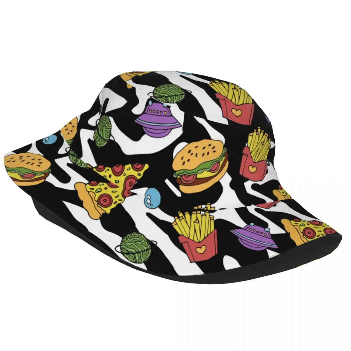 Bucket Hat Bob Cap Hip Hop Gorros Cute Pizza Hamburger And French Fries On 80s 90s Zebra Print Panama Cap Beach Sun Fishing Hat