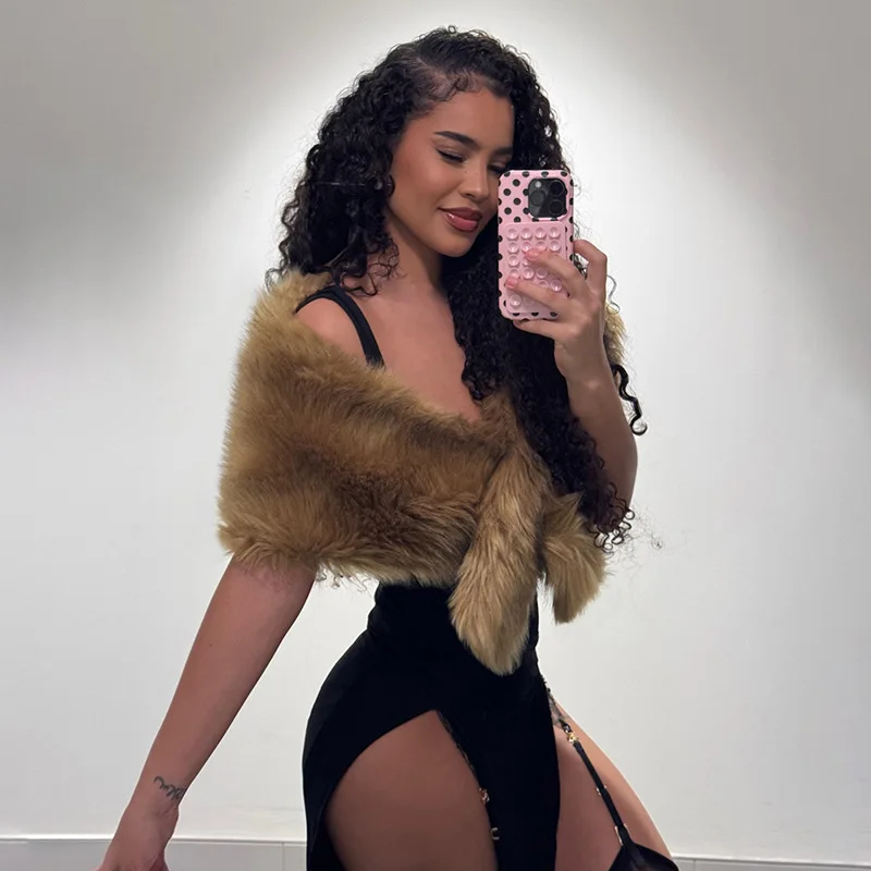 

Faux Fur Warm Shawl Wraps for Women Furry Cross Off Shoulder Banquet Party Dress Cape Clubwear Soft Warm Scarves Cloak Crop Tops