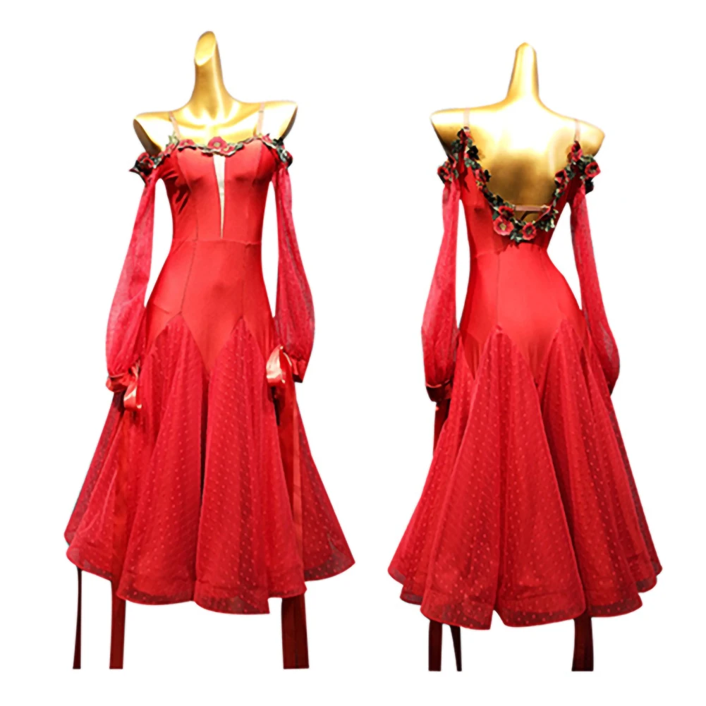 Abito da pratica a maniche lunghe con nastro da campionato, abito da competizione per sala da ballo con fionda rossa valzer