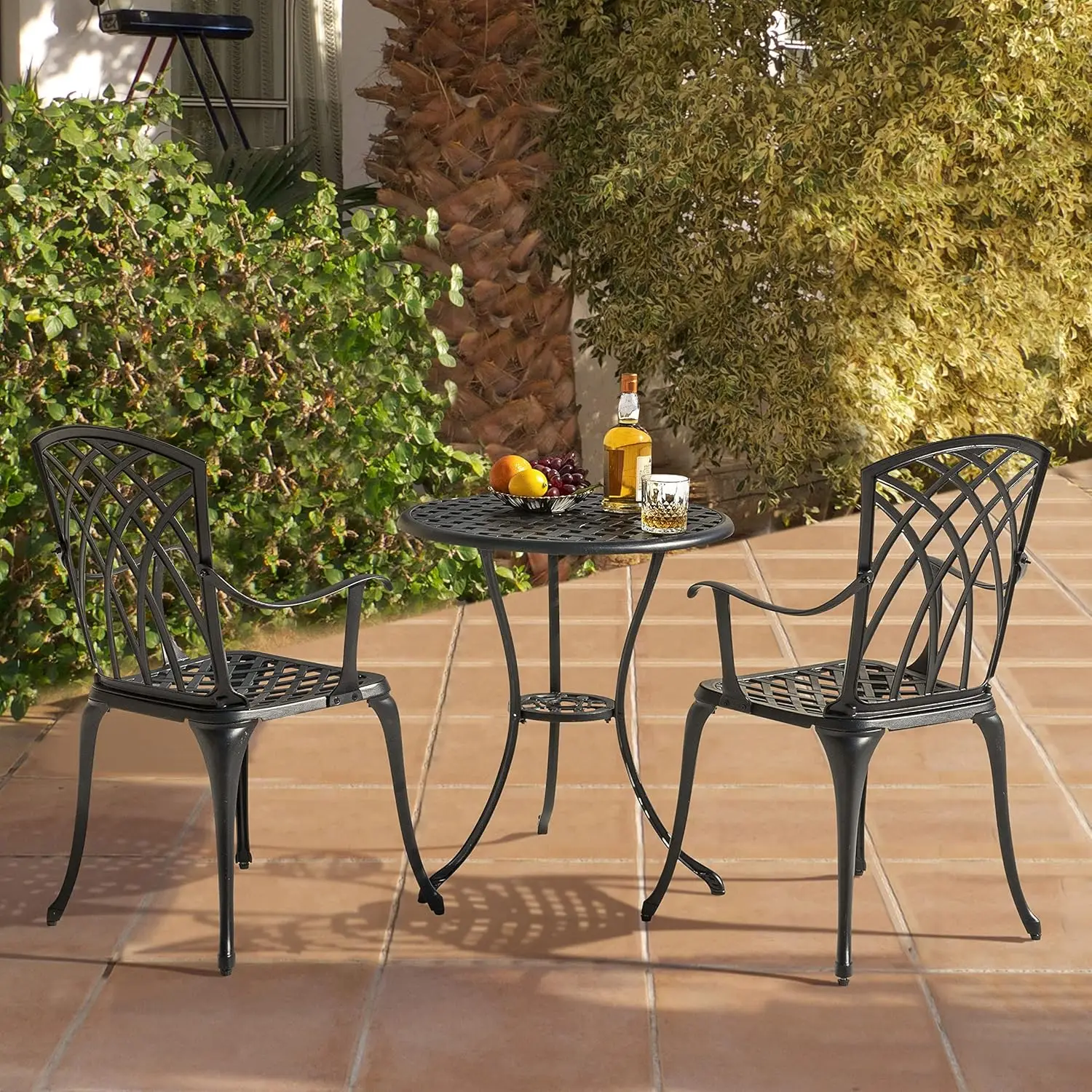 Patio-Bistro-Sets, 3-teiliges Bistrotisch- und Stühle-Set aus Aluminiumguss mit Schirmloch, 2er-Set für Terrassenrücken