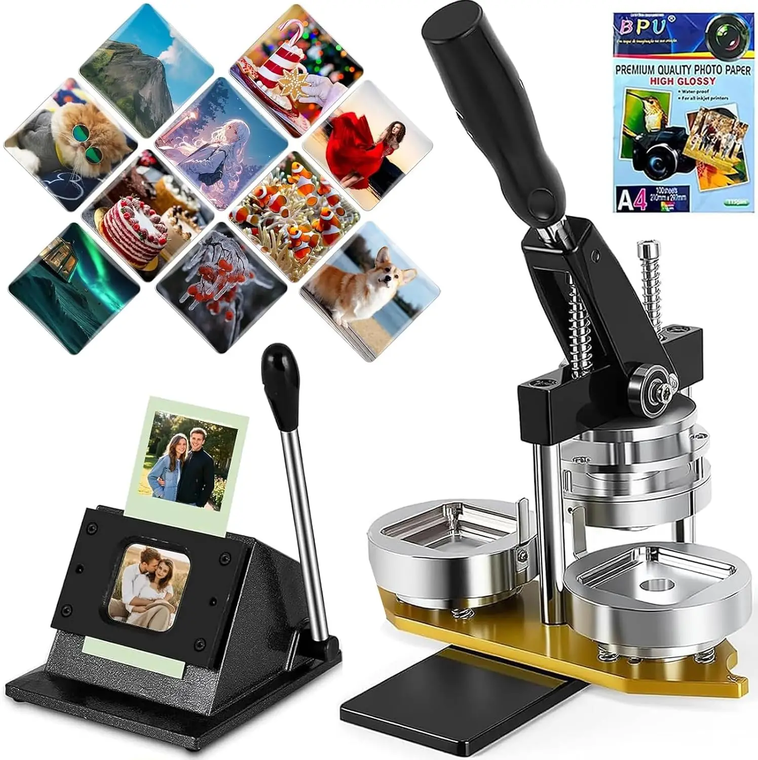 2x2 Inch Square Magnet Making Machine Kit 50x50mm DIY Fridge Photo Magnet Badge Press with Paper Cutter 100 Sets Materials
