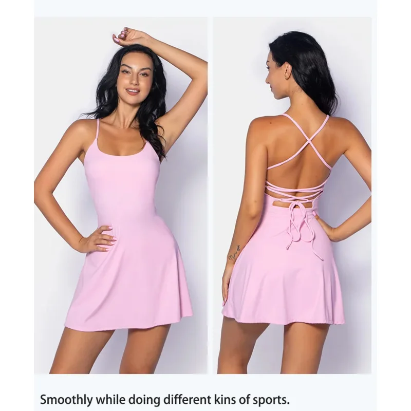 S-XL Back Cross Tennis Dress With Shorts&Pockets Women Golf Padded Sports Skirts Badminton Skorts Yoga Jumpsuits Fitness Suits