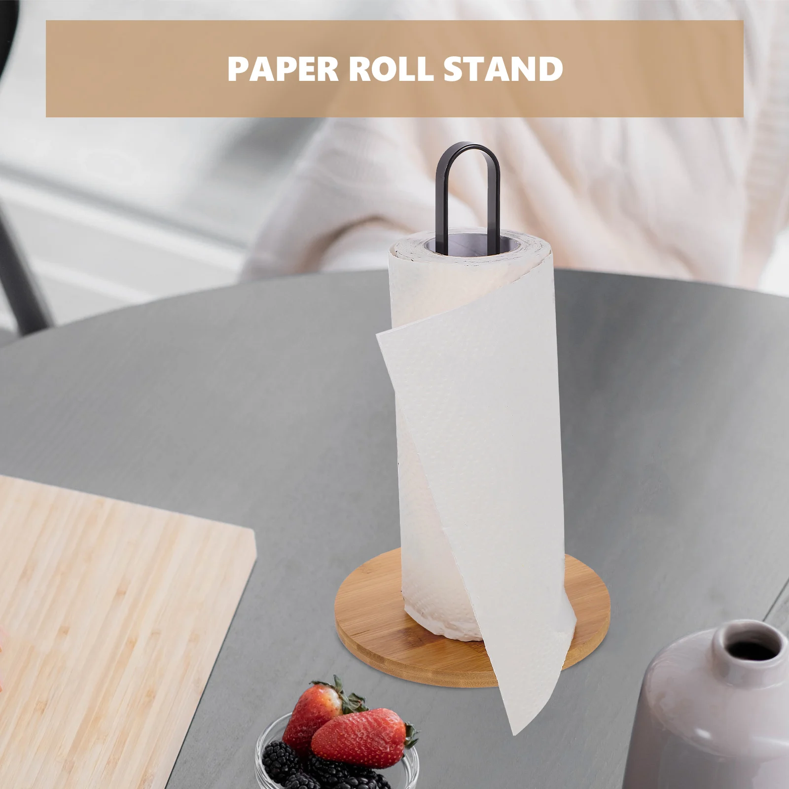 

Wooden Base Paper Roll Holder Vertical Design Durable Metal Kitchen Paper Towel Stand Countertop Storage Holder Home Bar