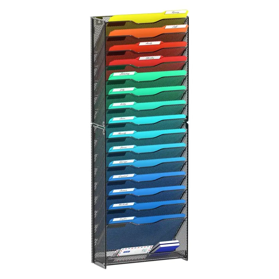 

Настенный органайзер для файлов на 16 отделений, подвесной держатель для документов, настенная полка для бумаг, стойка для журналов, сетчатый, черный