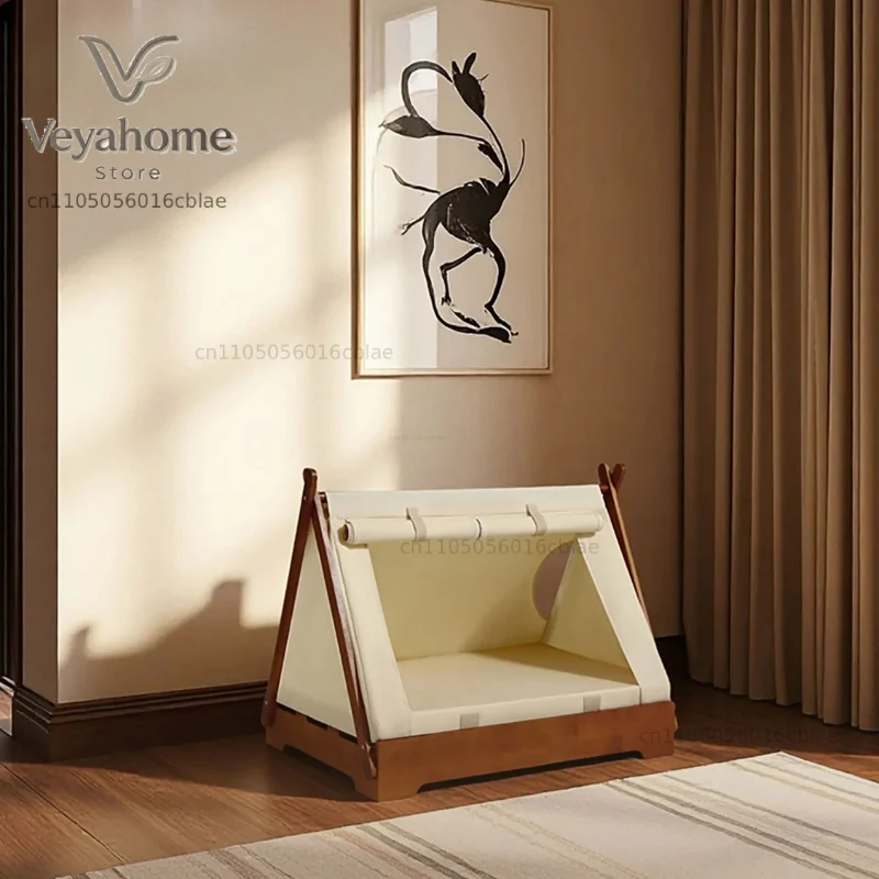 Wooden Pet Tent House - Washable Dog Bed for Small Dogs, Cat House with Removable Cover, Cozy Pet Tent for Indoor/Outdoor Use view 2