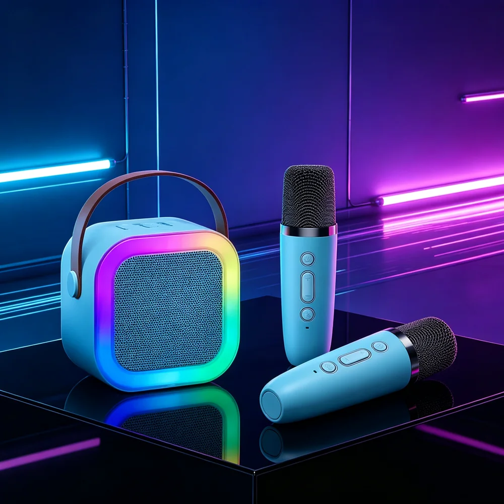 Portable Karaoke Machine with Wireless 1 or 2 Microphone Mini Bluetooth Speaker for Children Singing Family Party Gift