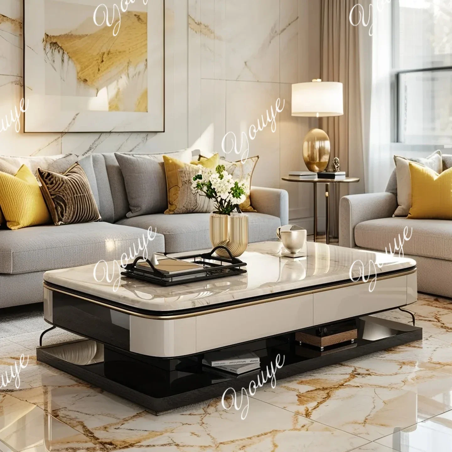 

J Coffee Table Living Room New Light Luxury High Sense Marble Antique Large Apartment Villa Flat Floor Creative Modern