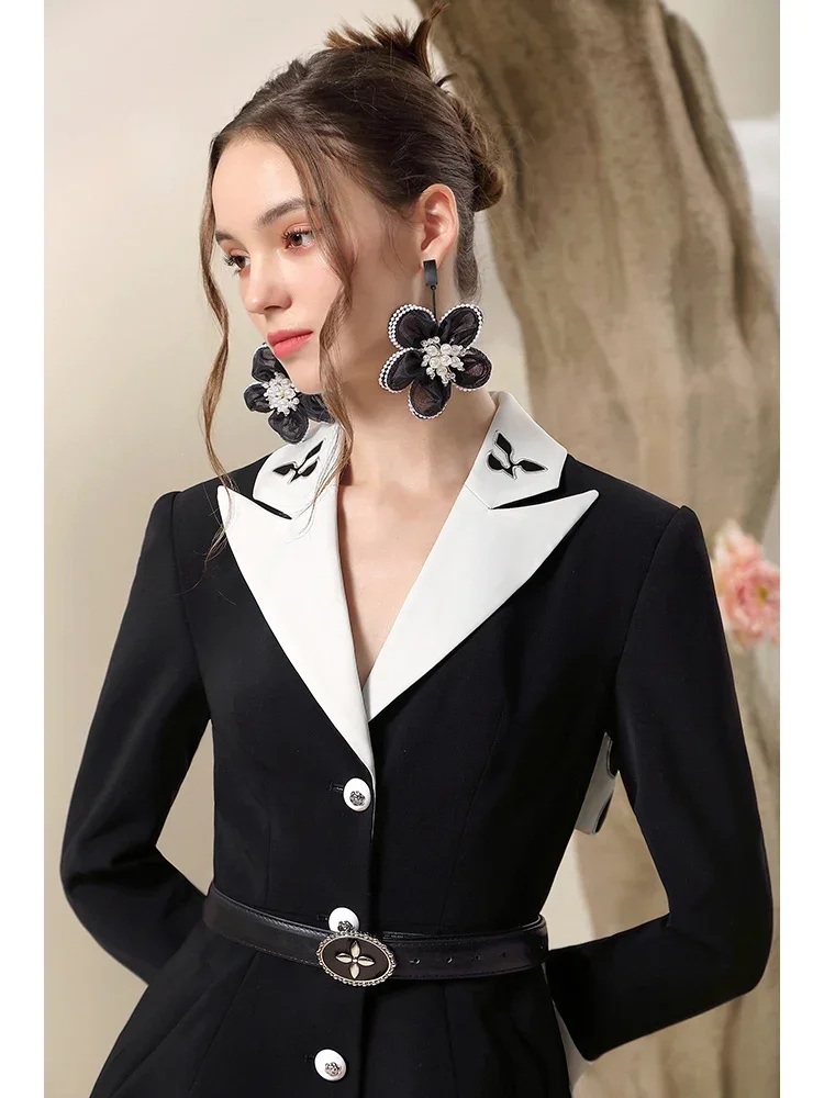 High-End Contrast Color Embroidery Suit Dress Girl 2023 Autumn New Elegant Commuting Abdomen-Control Black Business Blazer Dress