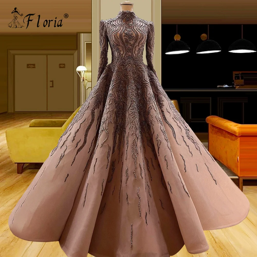 Brown Muslim Women Prom Formal Dress Caftan Marocain De Mariage Organza A-Line Long Sleeve Party Dresses Evening Gowns Vestidos