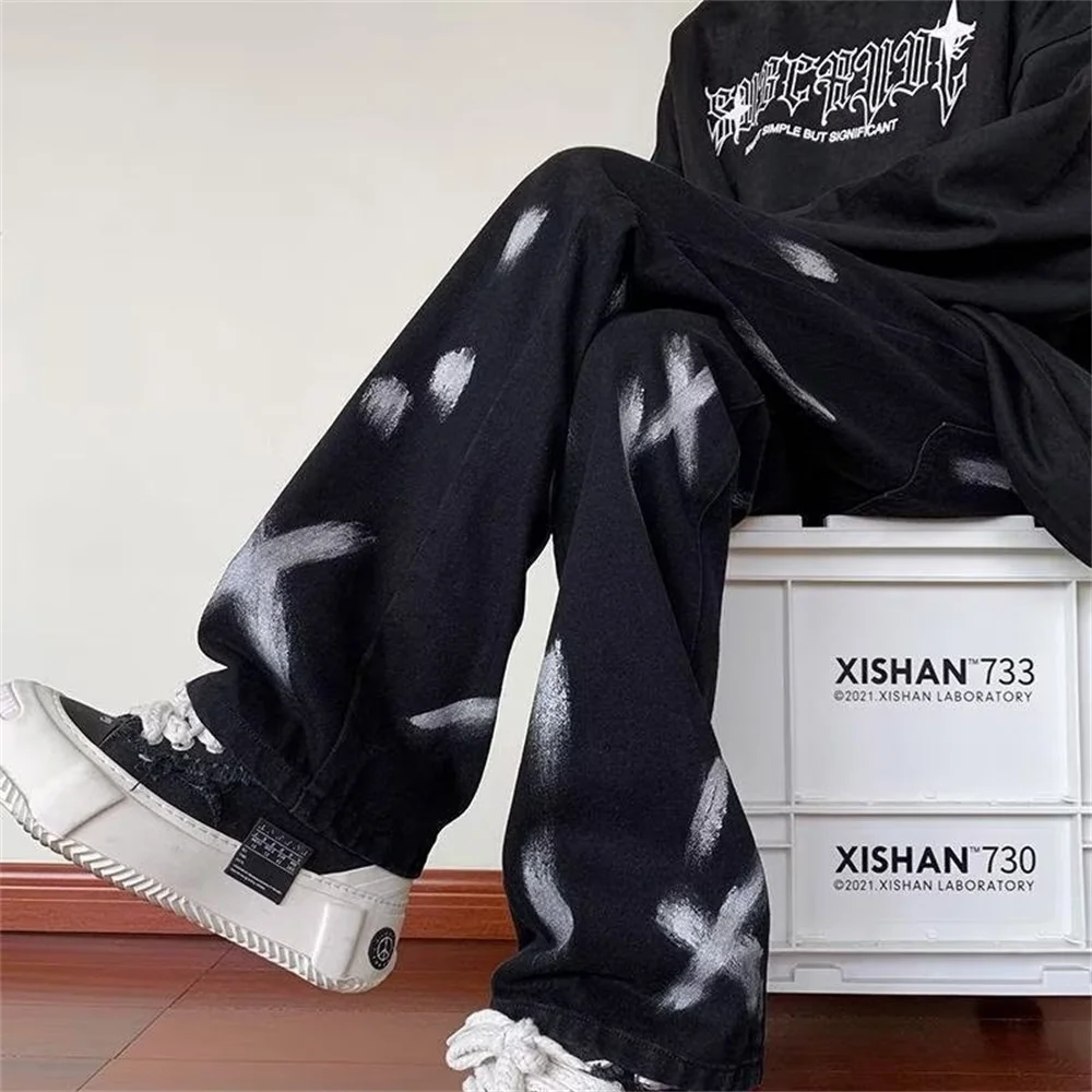 Younth Fashion Men Jeans 2022 Autumn and Winter Print Jacquard Jeans Men Mid Loose Straight Wide Leg Pants Men Clothing