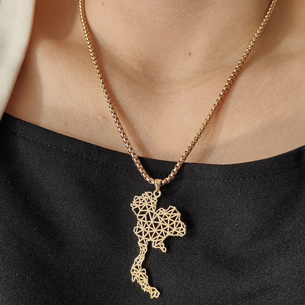 Thailand Map Pendant Necklace Geometric Country Maps Metal Necklaces Stainless Steel Chain Choker Jewelry for Men Women Gifts