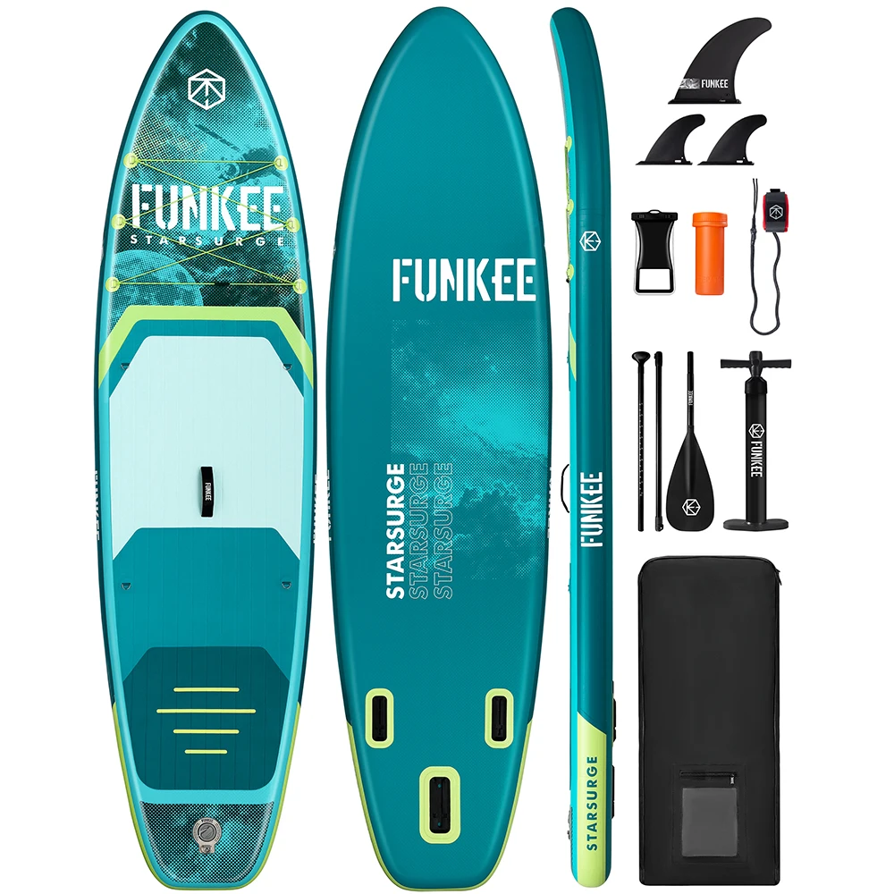 

Надувная водонепроницаемая SUP-доска FUNKEE STARSURGE Green 11'x34''x6'' для взрослых, для стоячего плавания, с аксессуарами