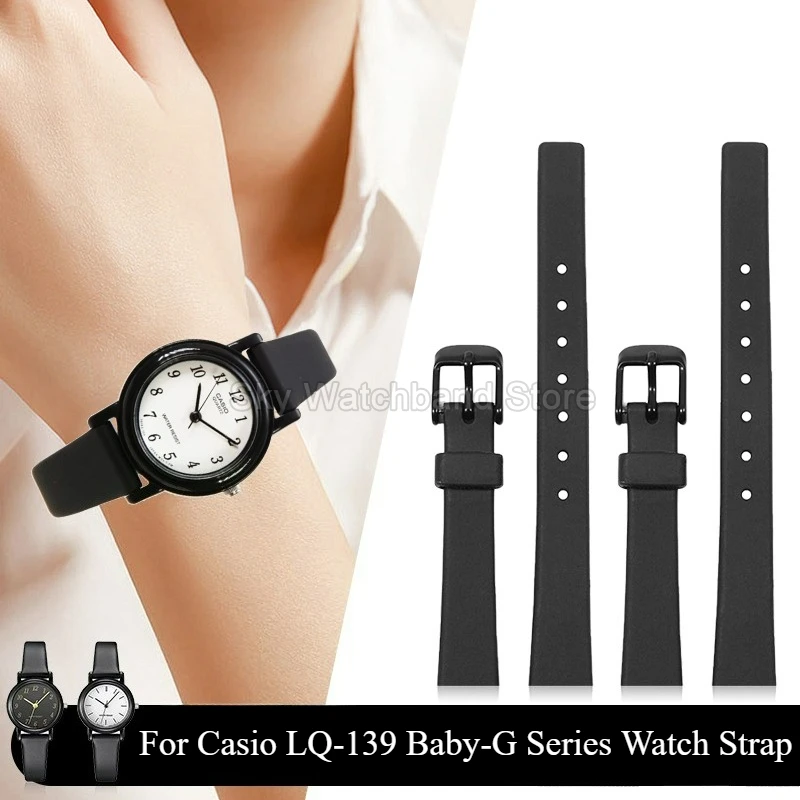 Correa de reloj de resina exquisita para Casio, LQ-139, reloj redondo pequeño, esfera pequeña, reloj negro, estilo femenino, accesorios de goma de 12mm