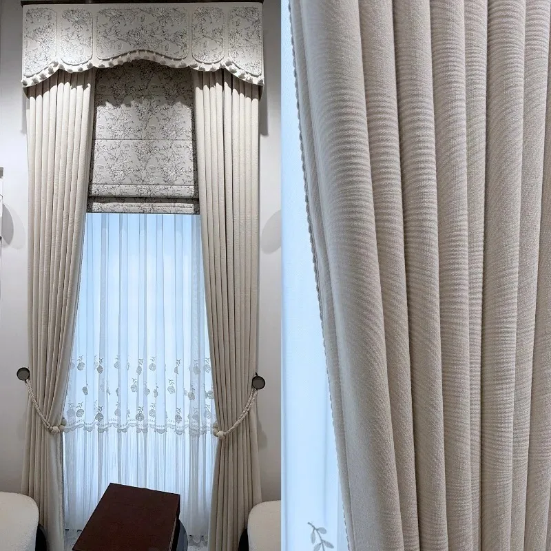 Simple Cream Beige Pink Splicing Warm Retro Curtains for Living Room Bedroom Custom Made Luxury Window Drapes Chenille Fabric