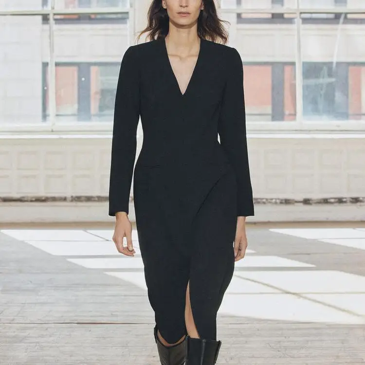 Nowa Kolekcja Jesień Zima Damskie Długie Sukienki Maxi z Dekoltem w Serek, Luźne, Szyfonowe, Eleganckie, do Pracy, z Podkreśloną Talią