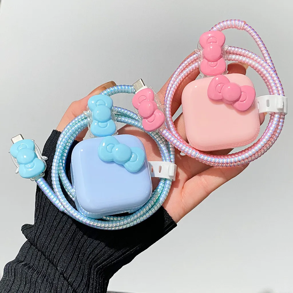 DIY Pink Bow Protective Sleeve for Apple 40W Fast Charger Data Cable Protective Case Laser Wire Organizer