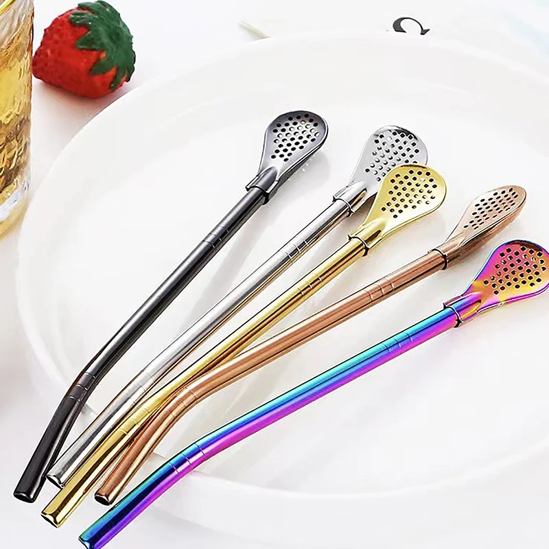 2 pezzi filtro cucchiaio di paglia 304 cannucce in acciaio inox colino da tè Cocktail Shaker Coffee Bar cucchiai di miscelazione filtrati