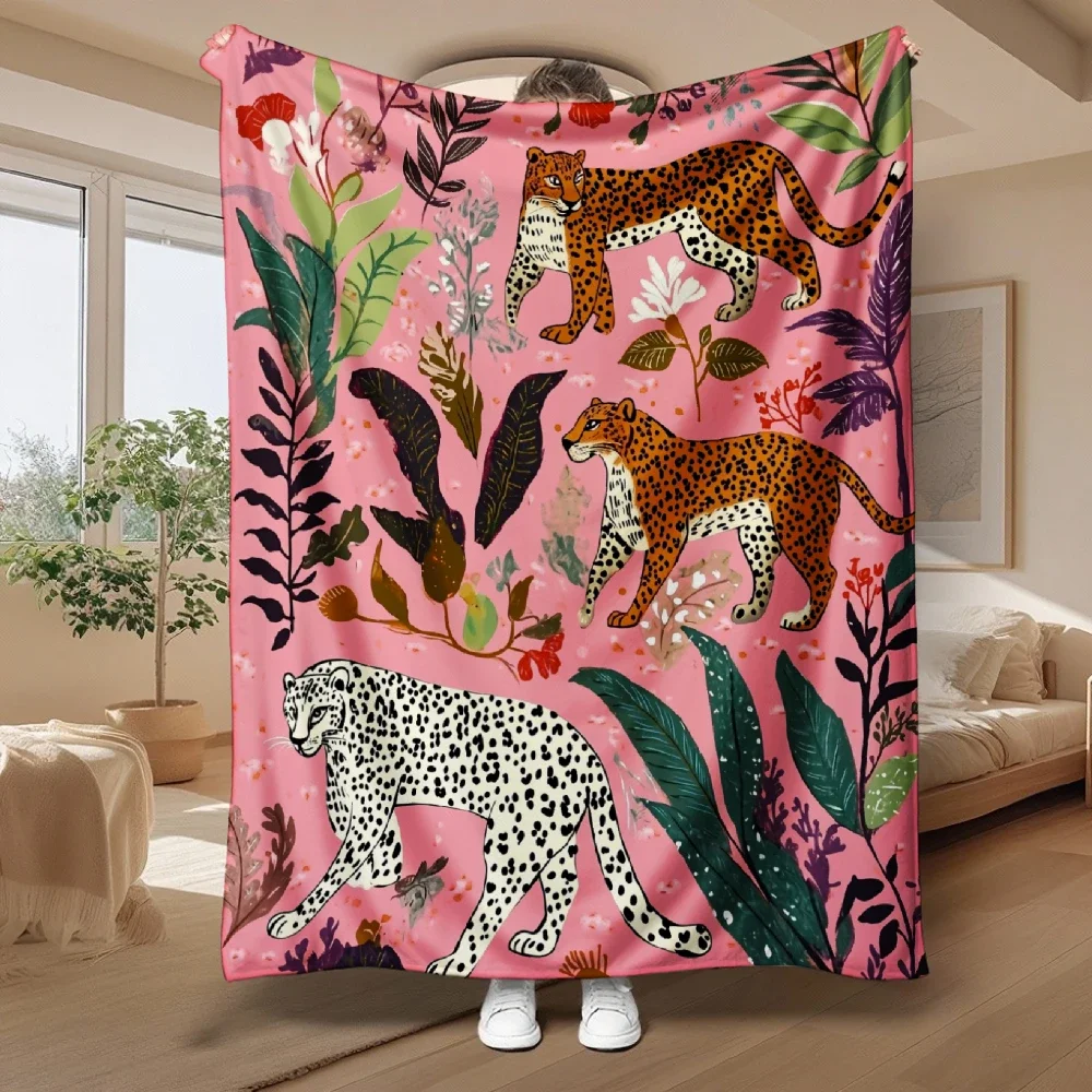 2D Flat Print, 1pc Jungle Art Style Throw Blanket/blanket, Featuring a Leopard and Snow Leopard Print, Along with a Lush Tropica