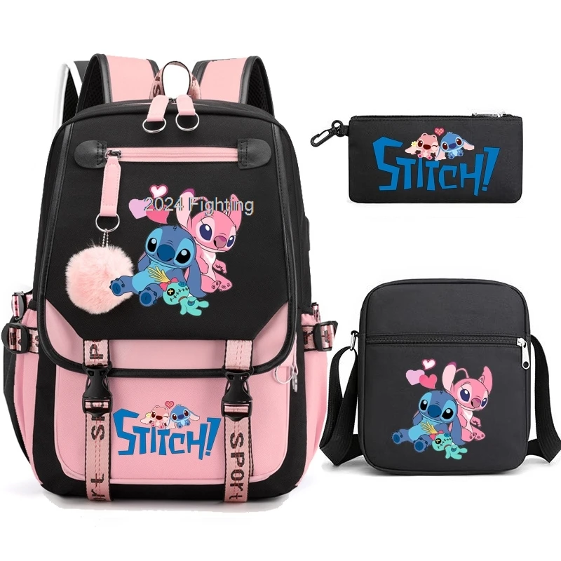 Lilo And Stitch-Mochilas escolares para adolescentes y niñas, morrales de lona con USB, capacidad para ordenador portátil para estudiantes, morrales