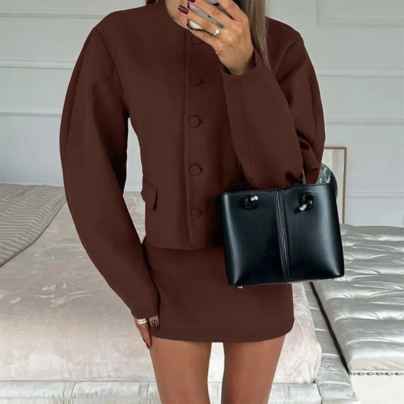 Talenza Brown Skirt 2 Piece Set Women's Solid Cardigan Button Long Sleeve Top Slim Skirt Set Female High Street Skirt Set Y2k