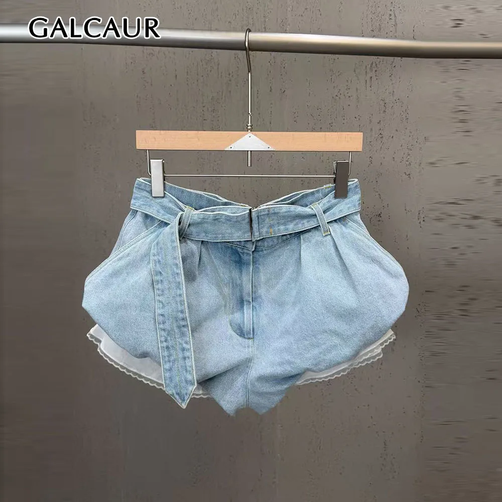 GALCAUR Patchwork Lace Shorts for Women High Waist Loose Spliced Belt Denim Lantern Short Pants Female Fashion Clothing 2026 New