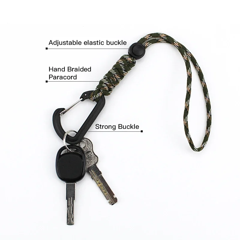 Outdoor Buckle with Rope Paracord Keychain Braided Camouflage Nylon Lanyard Metal Buckle High Strength Parachute Cord Carabiner