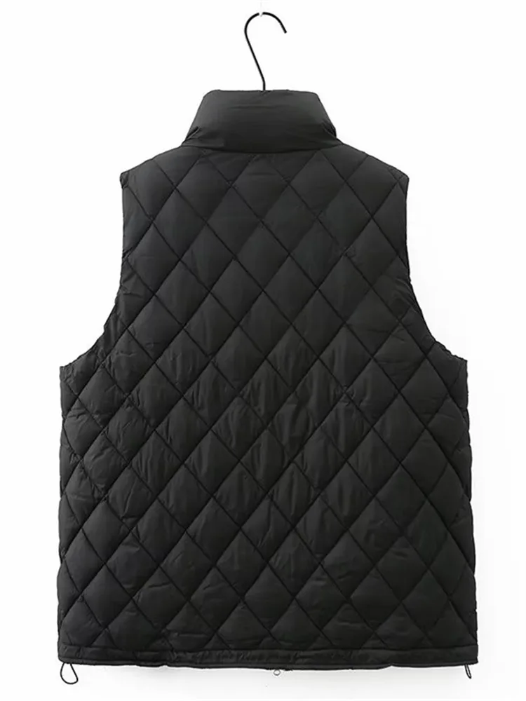 Plus Size Women's Clothing Sleeveless Cotton Coat Stand Collar Zipper Vest Quilted Thermal Vest With Center Layer  For Winter In