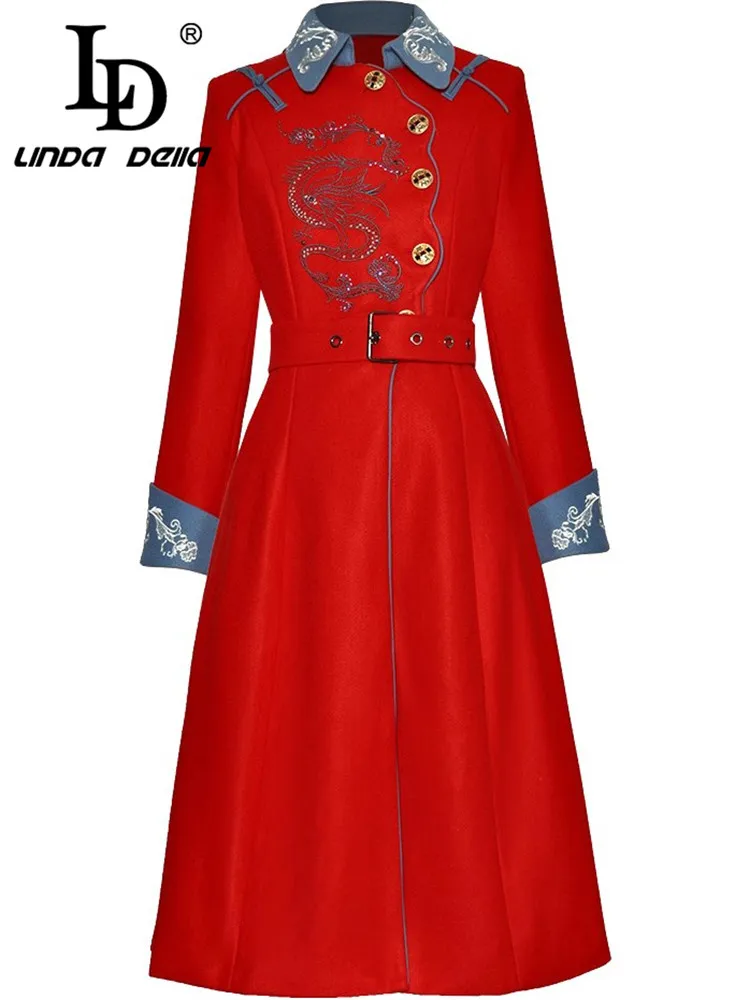 LD LINDA DELLA Fashion Runway Autumn Winter Women's Coat Turn-Down Collar Embroidery Single-breasted Lace-Up Vintage Overcoat