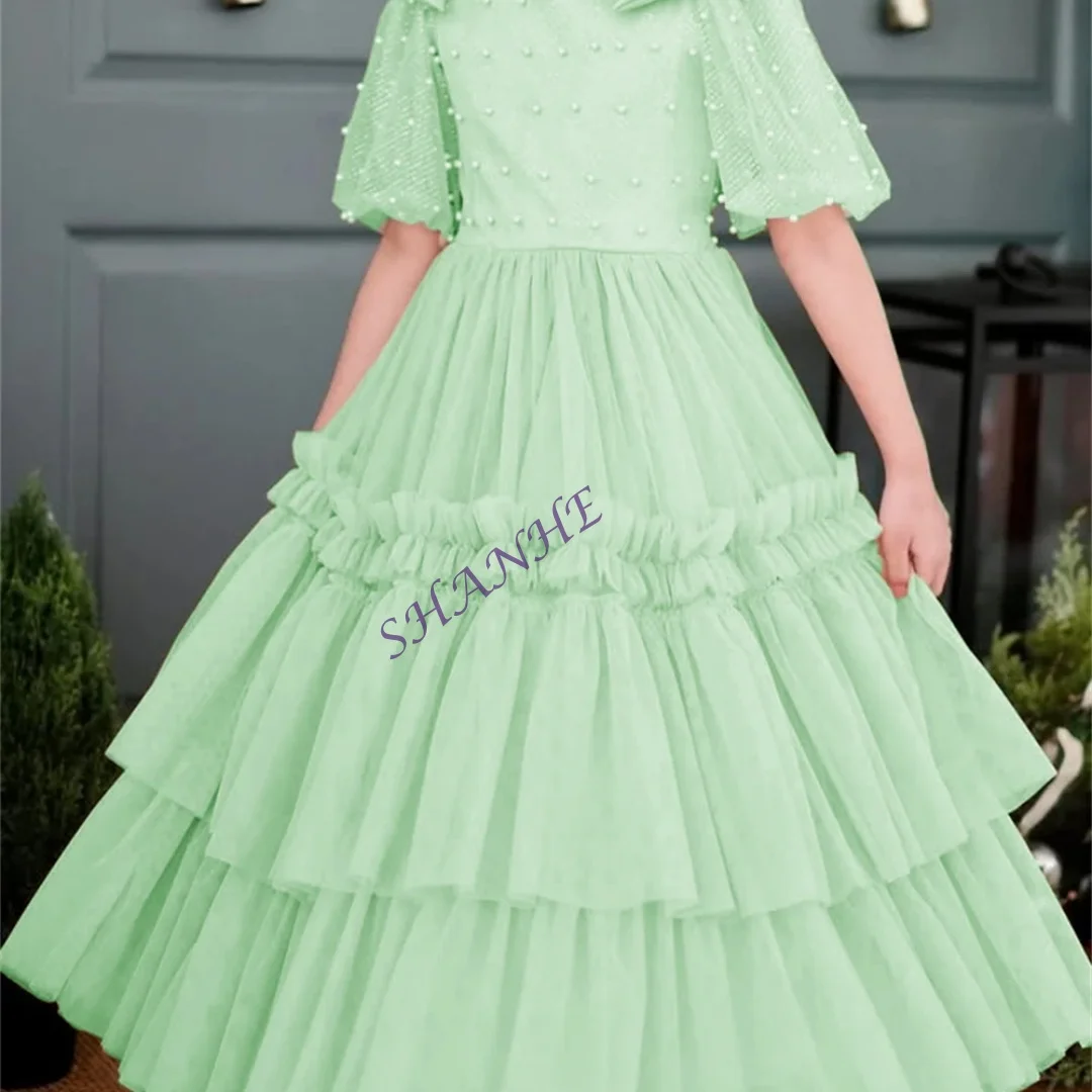 تخصيص الديكور س الرقبة نصف كم أنيقة فاخرة زهرة فتاة فستان الكاحل طول الكرة الطويلة الكلاسيكية ثوب التواصل الأول مخصص #1