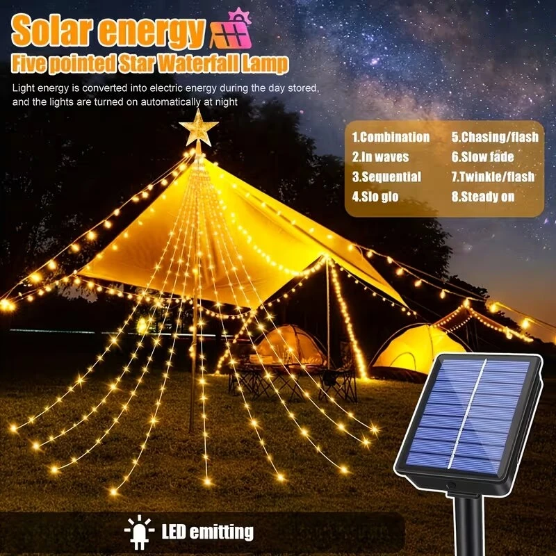 118in/280LED Solar Star Waterfall Light Outdoor 8 Modes Camping String Lights for Christmas Tree,Party,Garden,Patio Decoration