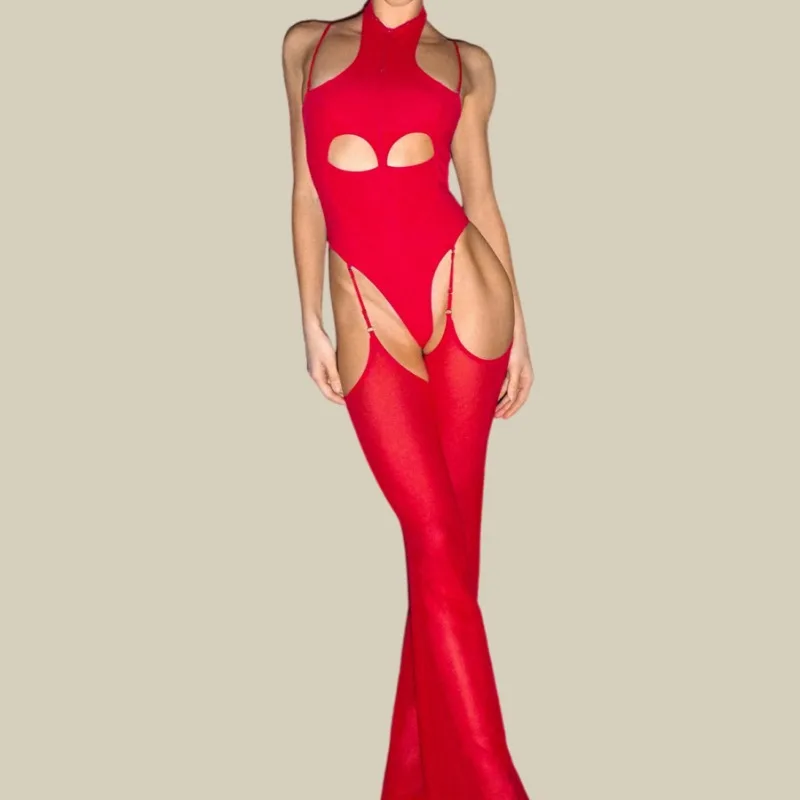 Hot Sexy Red Bodysuit Seductive Women's Lingerie Sets Sheer Mesh Cut Out Halter Jumpsuit with Suspender Micro Flared Erotic Set