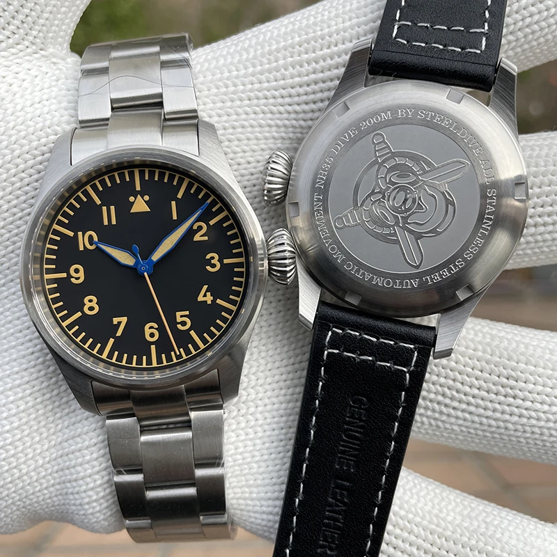 STEELDIVE Men Automatic Watch 39mm Pilot Mechanical Wristwatch Diver 20ATM Waterproof C3 Luminous Sapphire Mirror NH35 Military