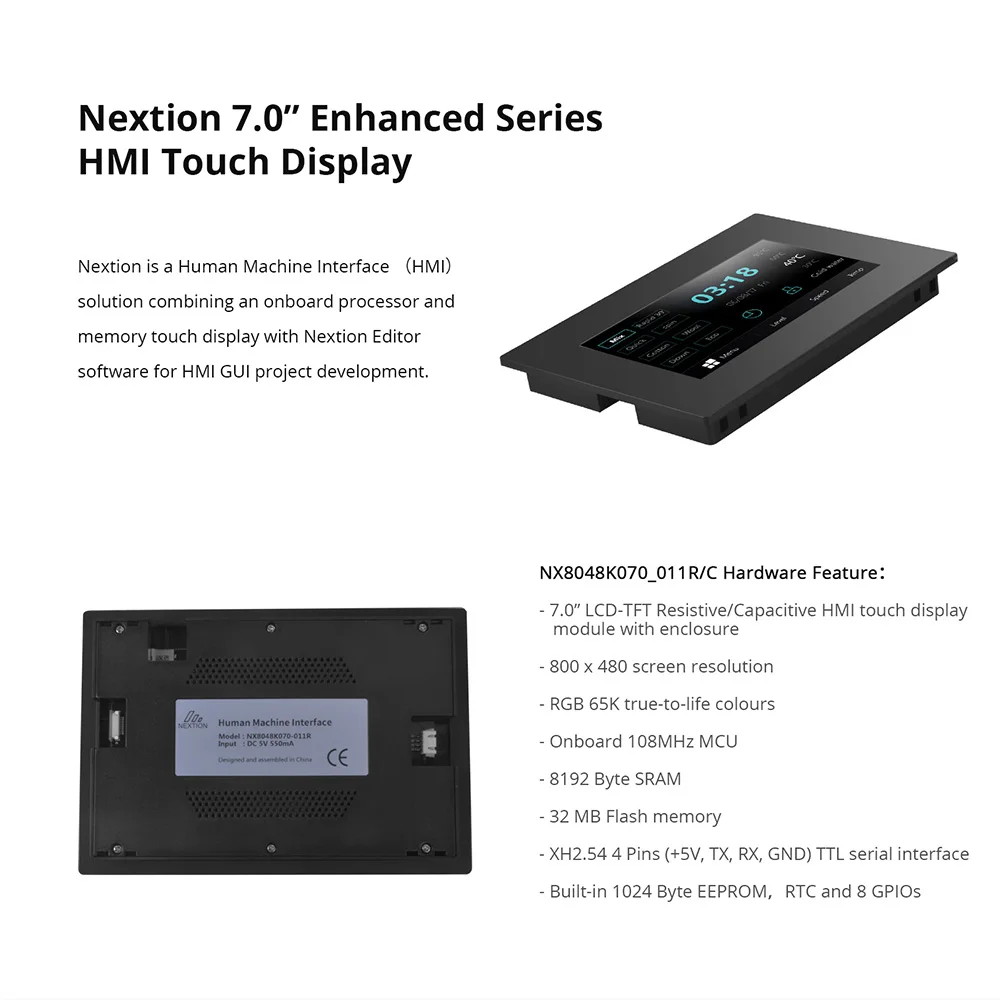 Nextion Enhanced NX8048K070-011C - 7,0 '' LCD capacitief multi-touch-display Ingebouwde RTC 8 digitale GPIO HMI met behuizing
