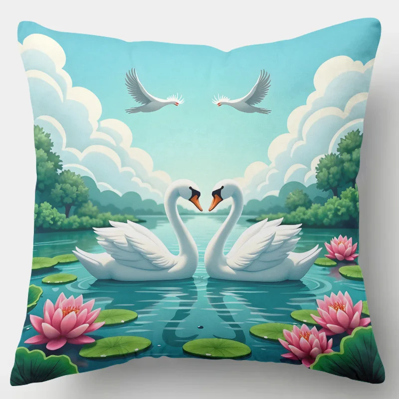 1pc 2D Flat (Pillow Not Included) Romantic Swans Lotus Pond Love Cushion Cover Short Plush Wedding Decor Throw Pillow Case