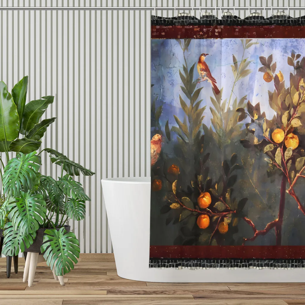 WALL PAINTING Flower Garden Flying Birds Over Quince Trees Bathroom Shower Curtains Ancient Romans Waterproof Partition Decor