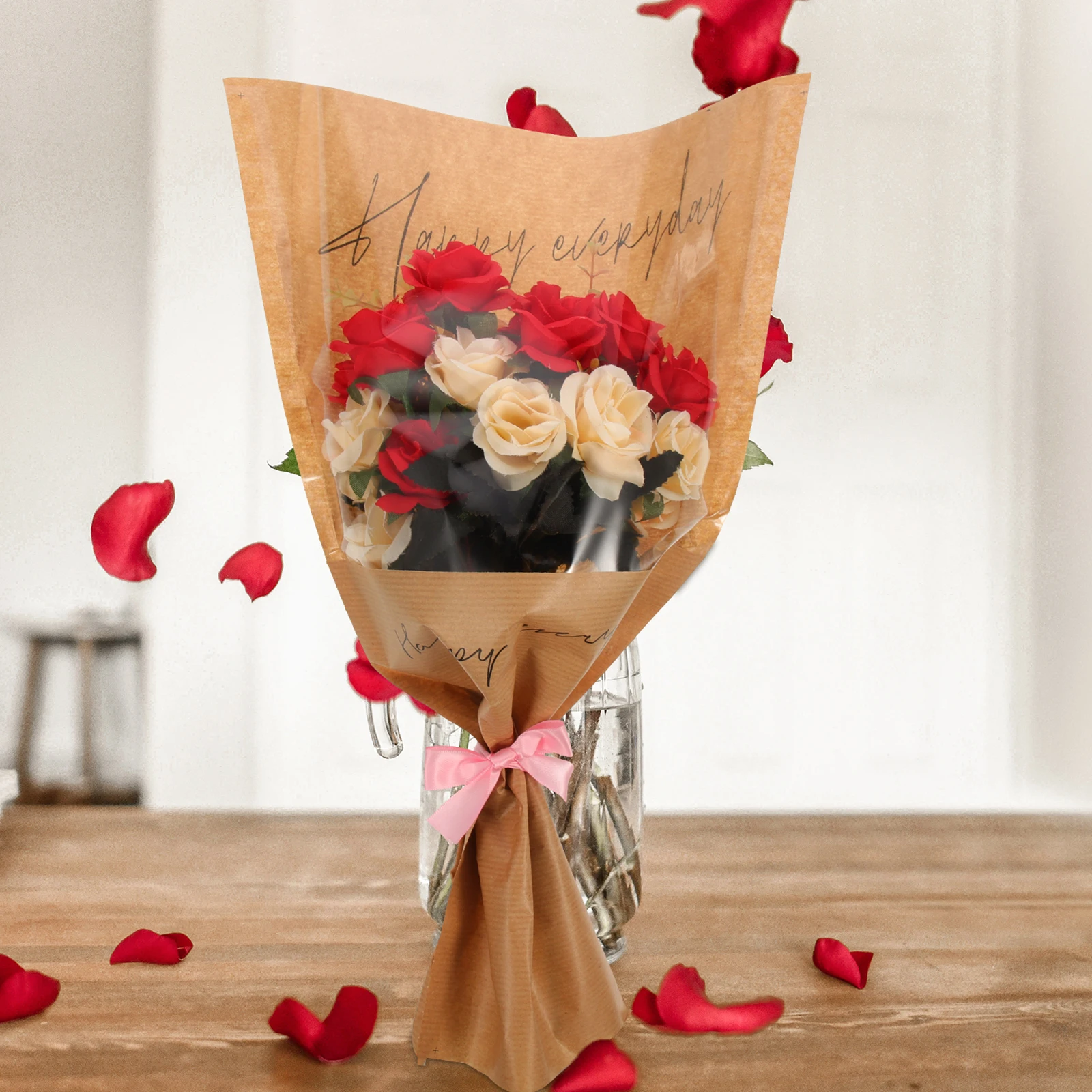 

20 Pcs Fresh Flowers Packaging Bags Kraft Paper Flower Wrapping Sleeves for Bouquets Clear Window Elegant Supply Valentine