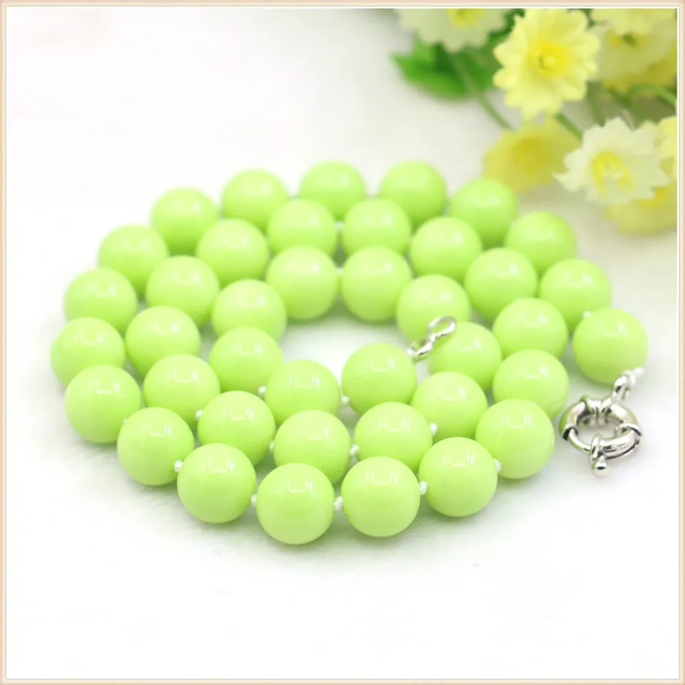 

10mm Round Pure Grass Green Glass Pearl Shell Necklace Beads Neckwear Knotted Between Every Bead Fashion Jewelry Making Design