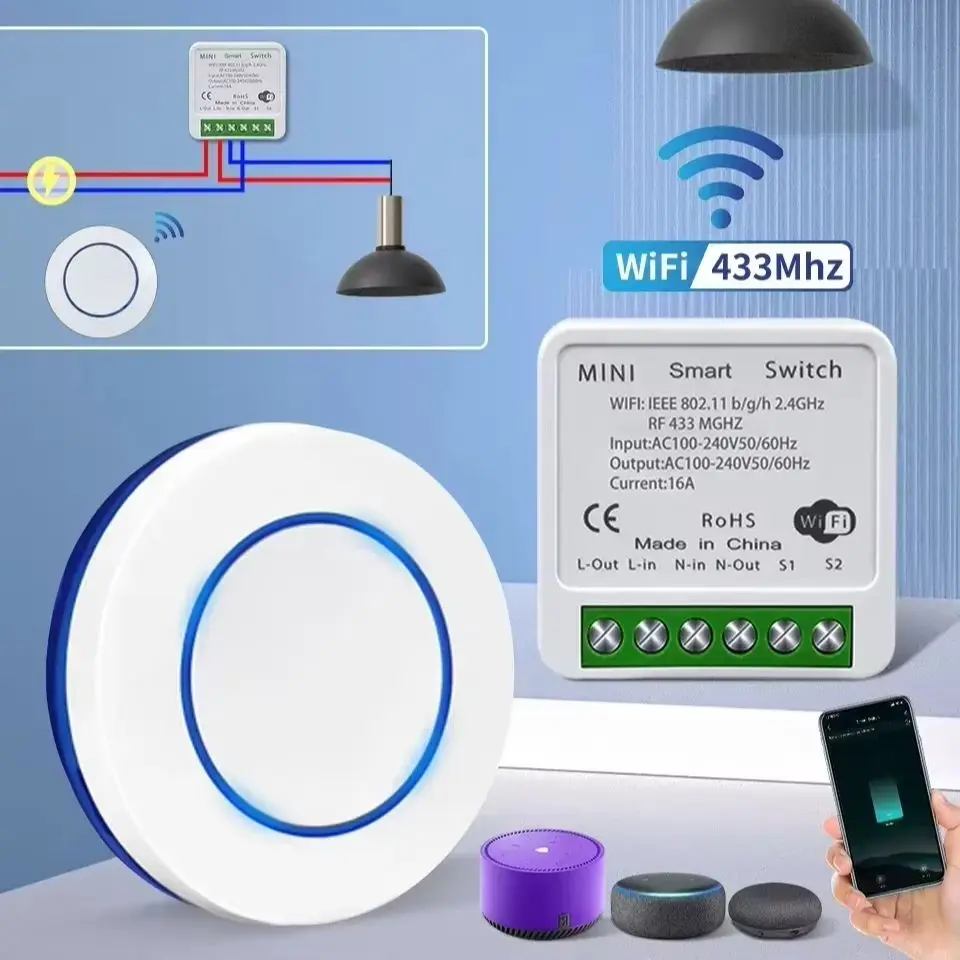20A/16A Tuya WiFi Smart Switch Wireless Relay Receiver 100-240V RF433Mhz Mini Round Panel Switch App Voice Control For Led Light