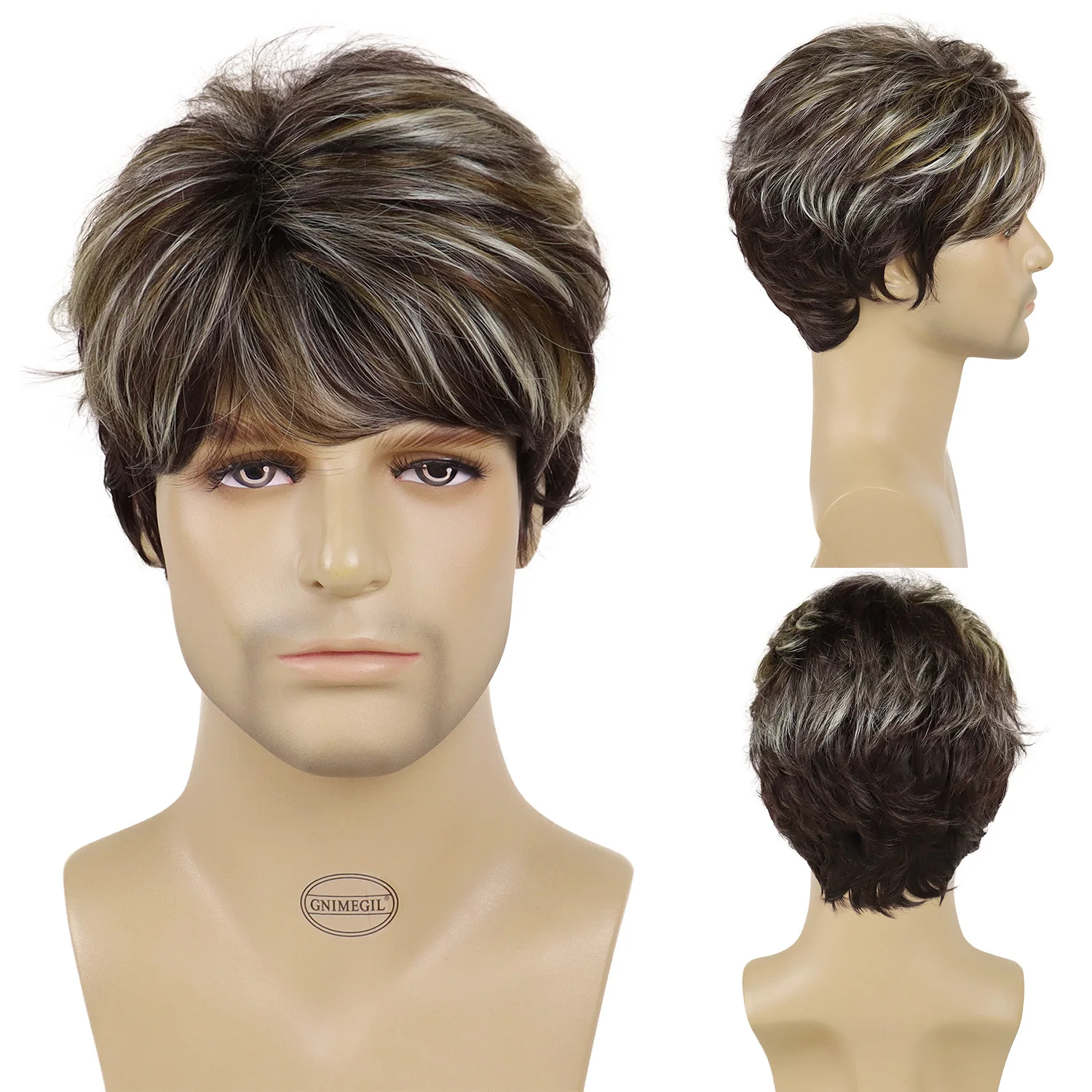 Synthetic Short Wigs for Men Mix Color Dark Color Male Wig with Bangs Natural Hairstyles Casual Wig for Men Guys Daddy Father