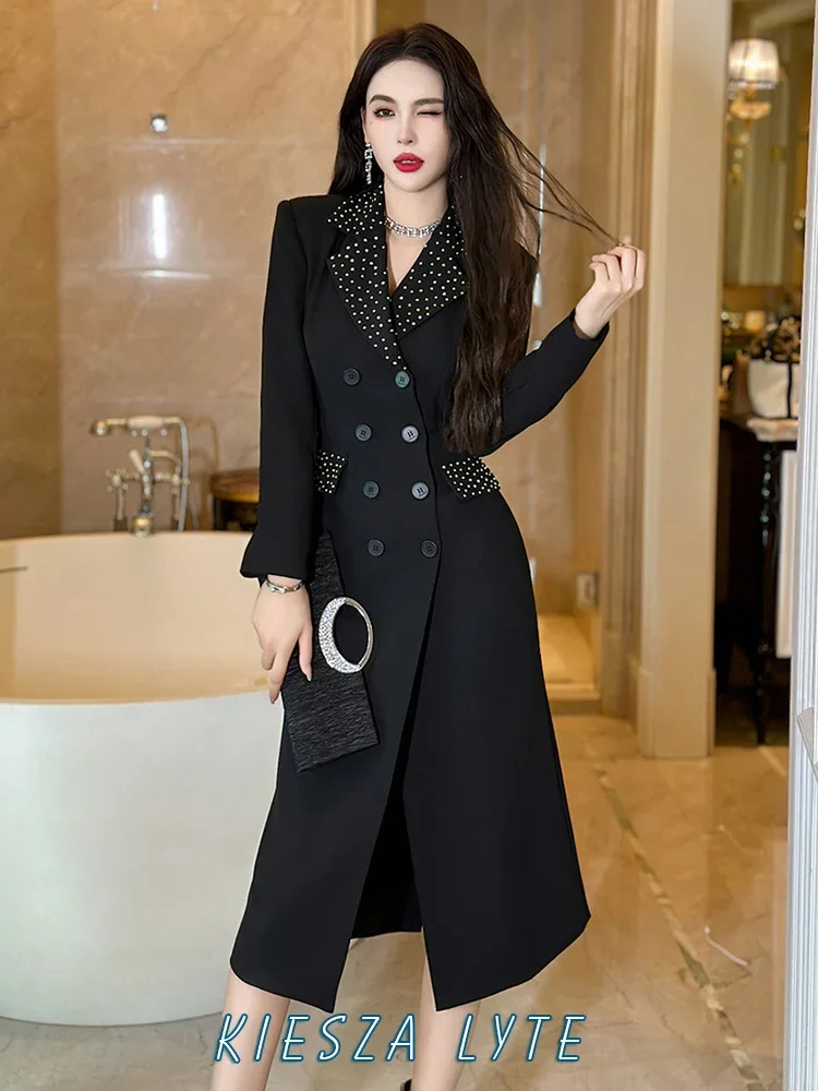 

2024 Fashion Show New Arrival Black Blazer Dress Diamond long sleeve Suit Collar Rhinestone Design for Women's Parties jacket