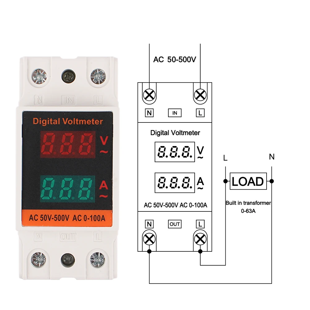 Din Rail AC Voltmeter Ammeter LCD Dual Digital  Electricity Meter AC50-500V AC1-99.9A Volt Amp Monitor Energy Meter AC220V