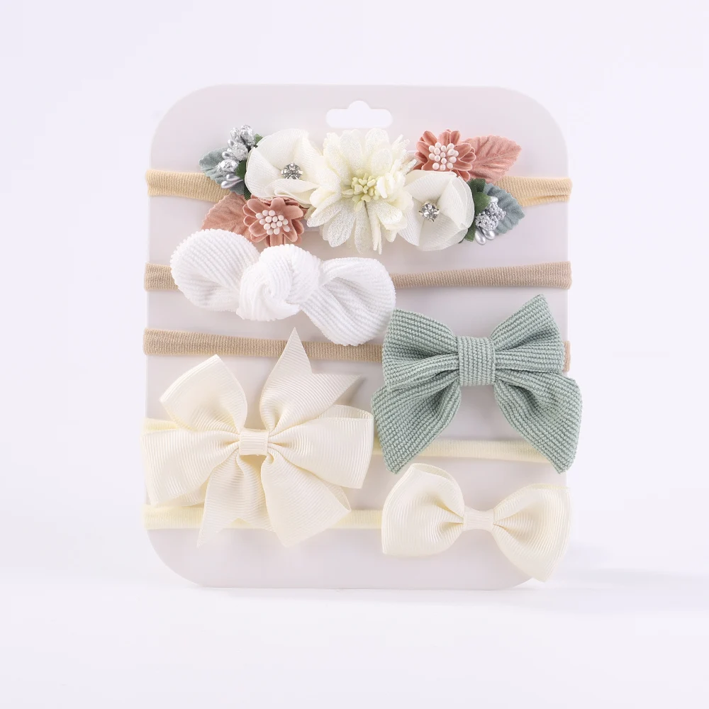Zoete elastische hoofdbanden voor babymeisje nieuwe strik gebreide nylon hoofdbanden 5 stks/set mooie bloem haarbanden decoratie hoofddeksels