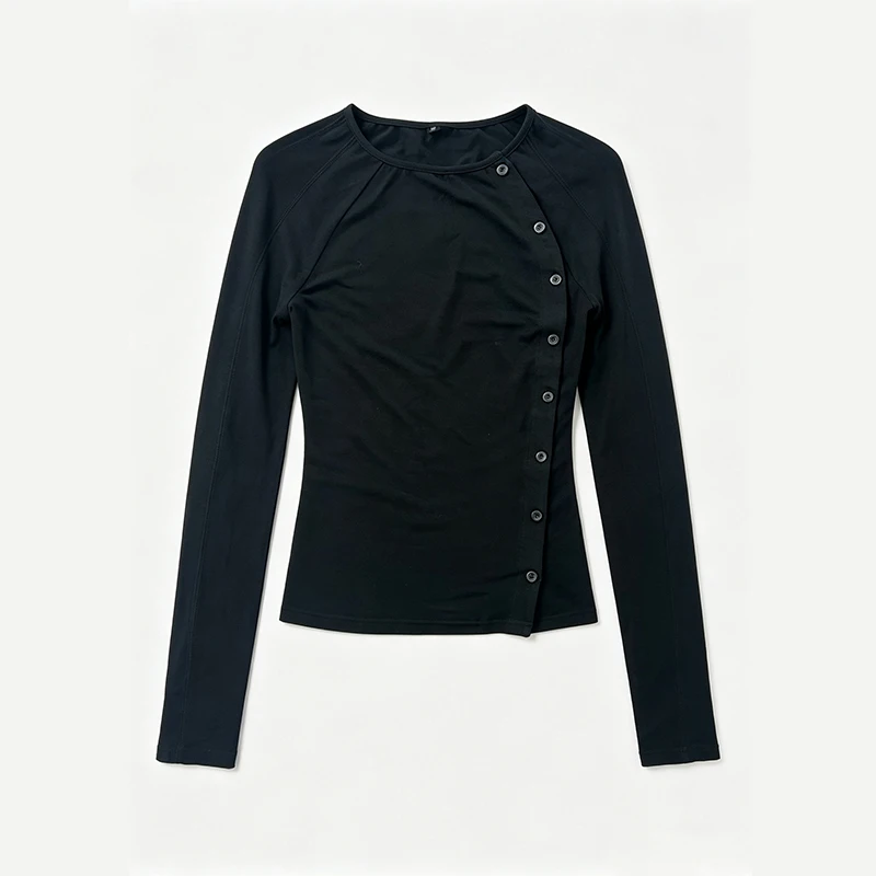 European and American Solid Color Buttons T-shirt Long Sleeve round Neck Top Personality Dark Retro Trendy Loose Top