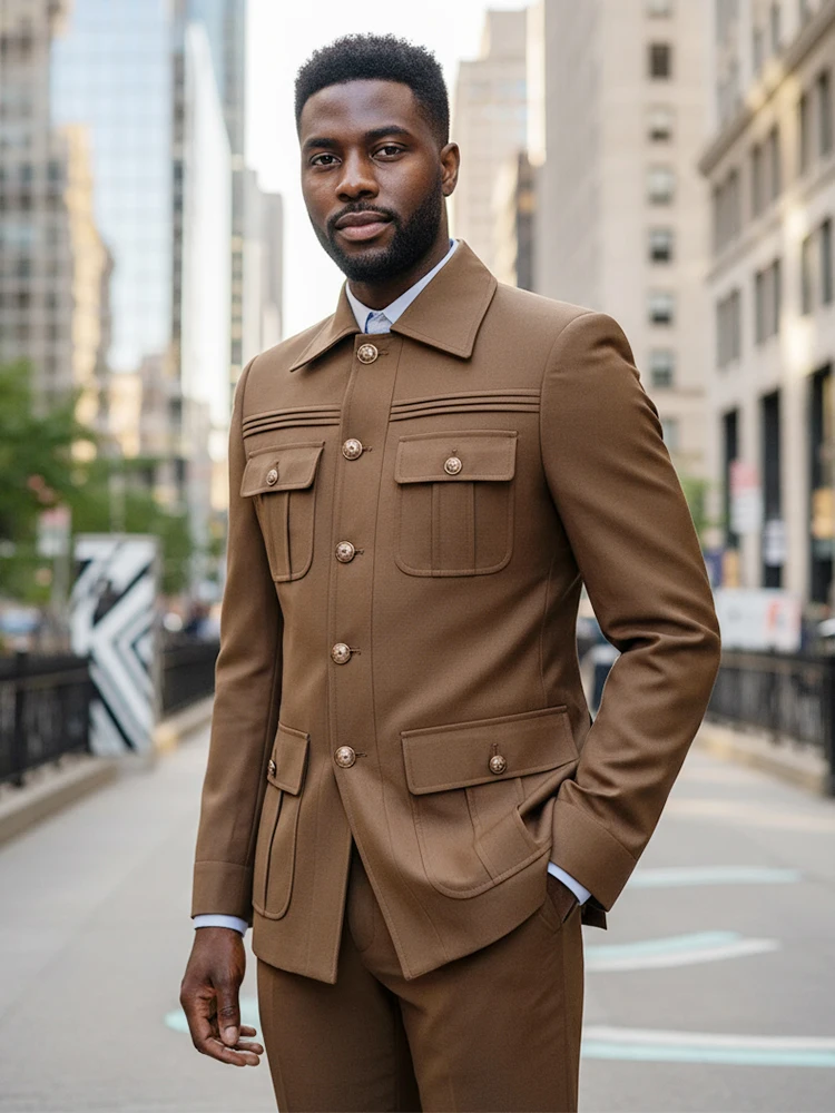 

ST Cassy brown Elegant Men's suit Classic Fit Multi Buckle Multi Pocket Casual Business Set Men's 2-piece Set