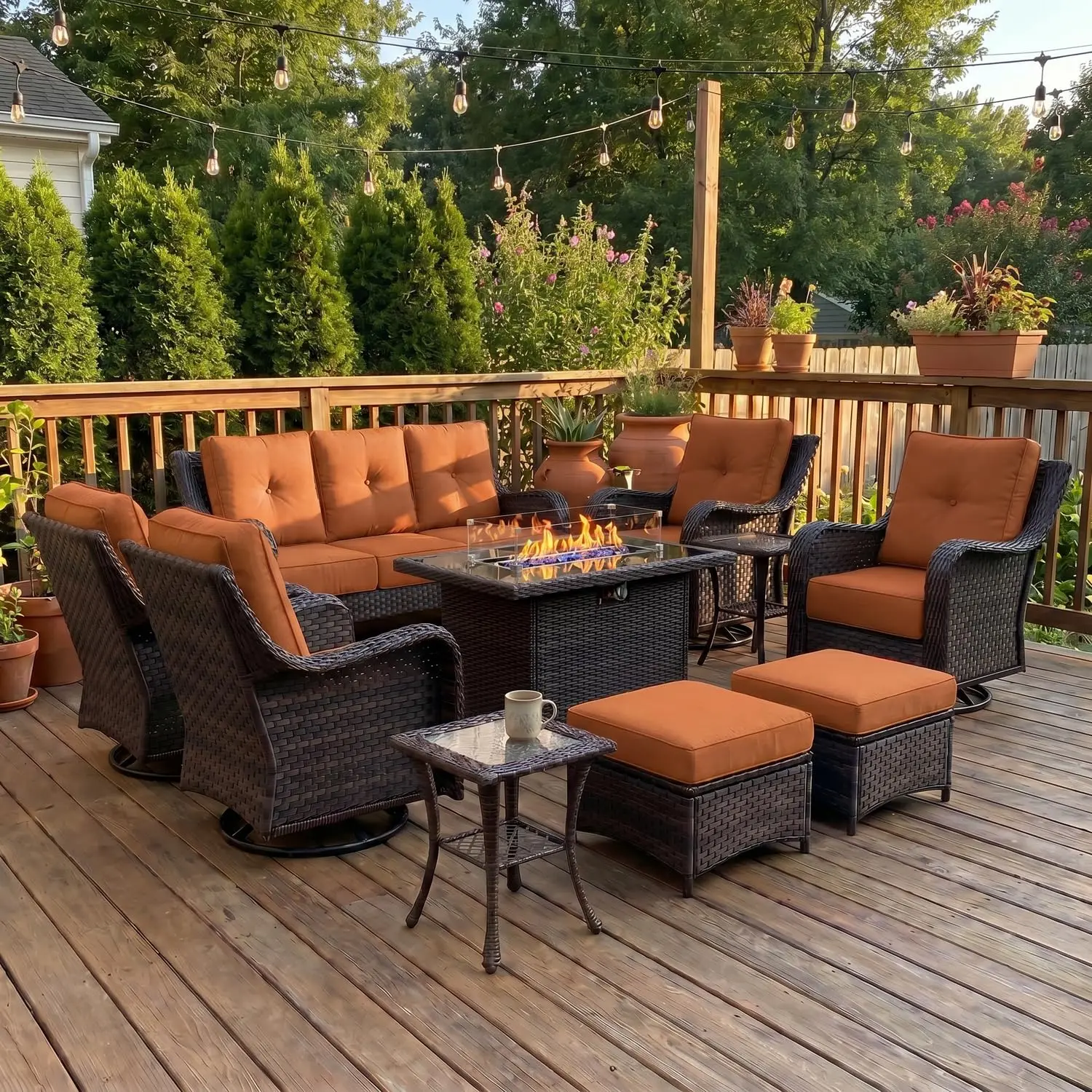 10 Piece Wicker Outdoor Furniture Set with 6-inch Comfy Cushions