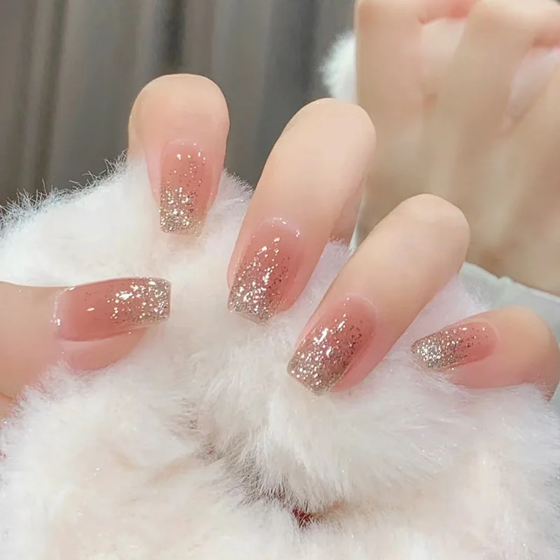 24Pcs Glitter Diamond Press On Nails Blush Pink Cat Eye Fake Nails Sweet Cute Coffin Full Cover Short Square False Nail Tips Art