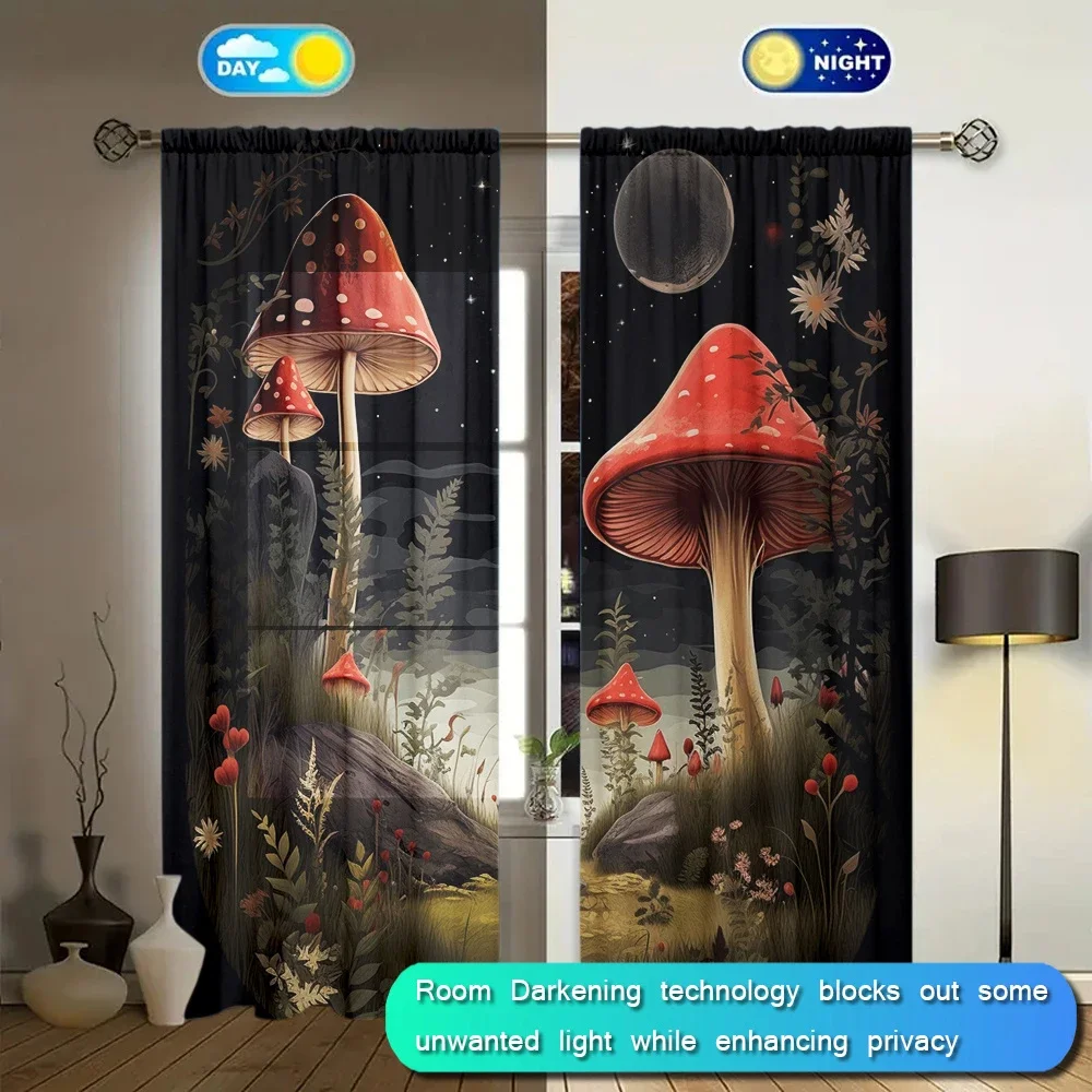 2pcs Dark Mushroom Printed Curtain for Home Decor - Rod Pocket Window Treatment for Bedroom,Office,Kitchen,Living Room,and Study